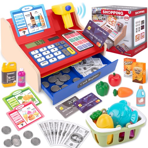 Wooden cash register kids toy - cash,