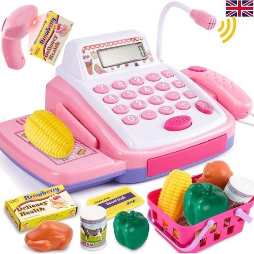 Pink toy cash register with - cash,